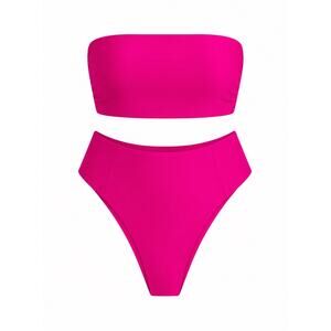 Neon Pink Bandeau Bikini Set High Waisted Bottoms Women’s Size Small